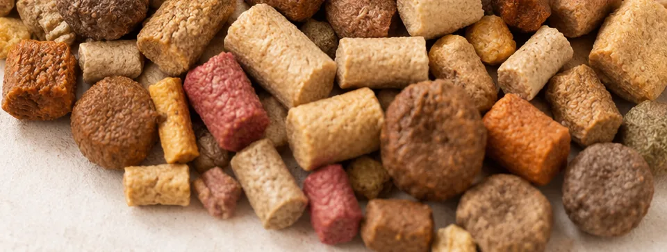 Mixed extruded feed and pet-food kibble pieces made with protein ingredients