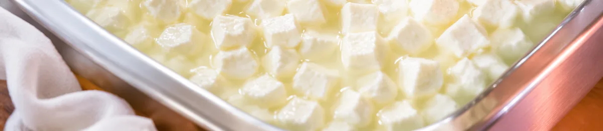 Cut cheese curd cubes resting in whey in a stainless vat